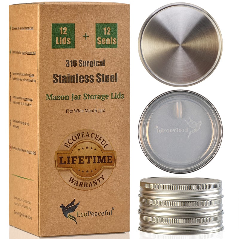 EcoPeaceful 316 Surgical Stainless Steel Mason Jar Lids WIDE Mouth - Rust-proof, Airtight, Leak-proof, BPA-Free, PVC-free, Vegan, Reusable - Not for Canning - Image 1